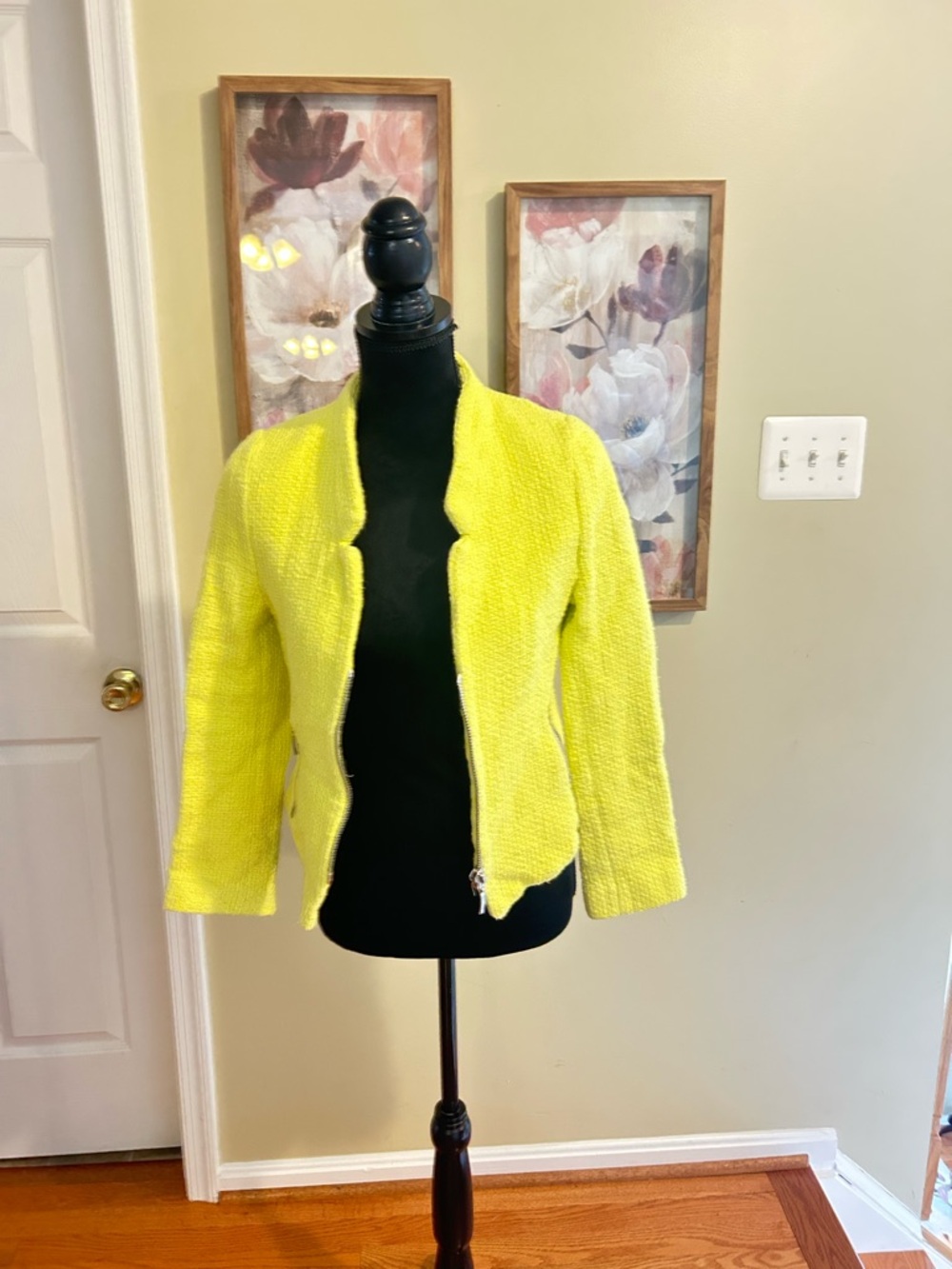 Zara Neon Yellow Tweed Textured Zip Jacket
